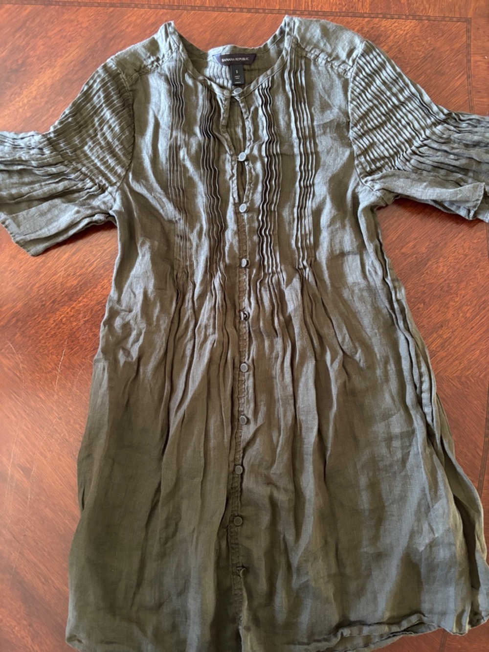 Banana Republic Olive Green Button-Front Pintuck Dress